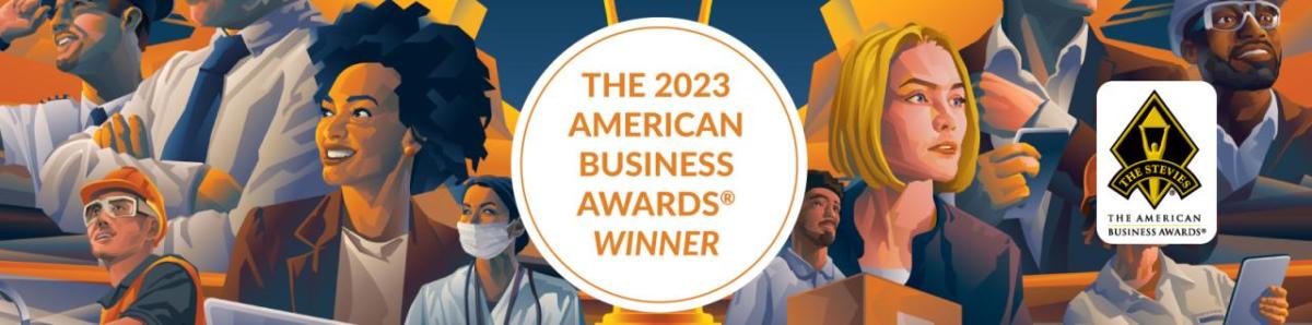 INOVUES wins Gold Stevie® American Business Award for Energy Industry Innovation of the Year with its non-invasive insulating glass retrofit system (IGR). Stevies奖得主横幅,写着“2023年美国商业大奖获得者”