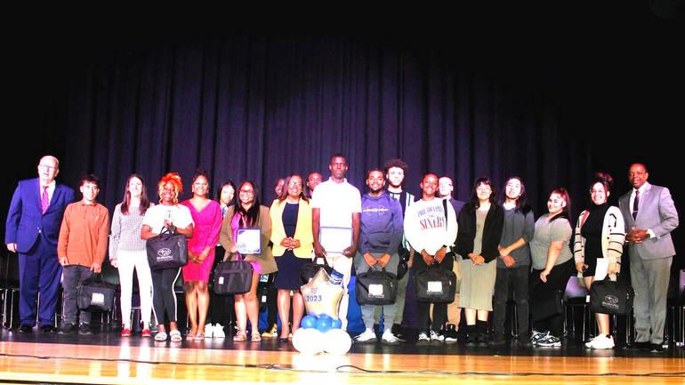 The scholarship winners and school district officials during the event held Thursday, June 8, at Camden High School. Photo Credit: Provided | Camden City School District ”“