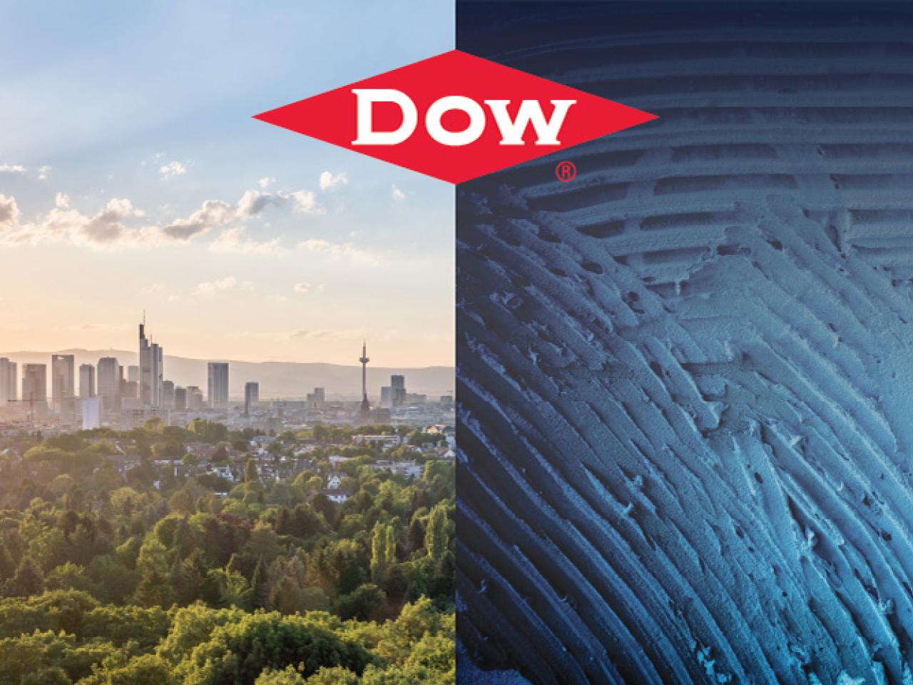 两张图片:城市天空线前台树和微镜贴近粉末介于它们之间的dow标识