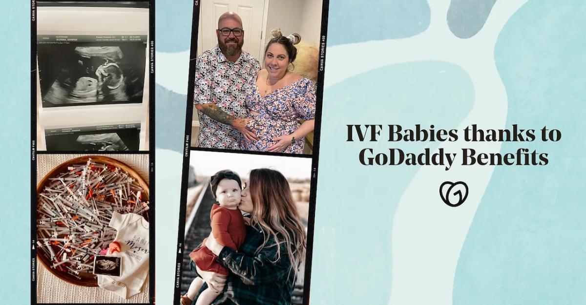 IVF婴儿由于GoDaddy的好处。照片蒙太奇GoDaddy的雇员和他们的孩子。