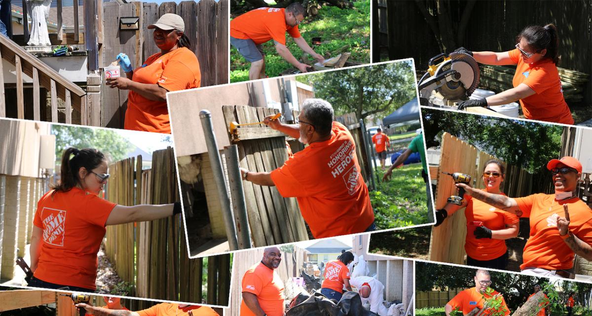 拼贴的家得宝(Home Depot)志愿者修理她的房子。